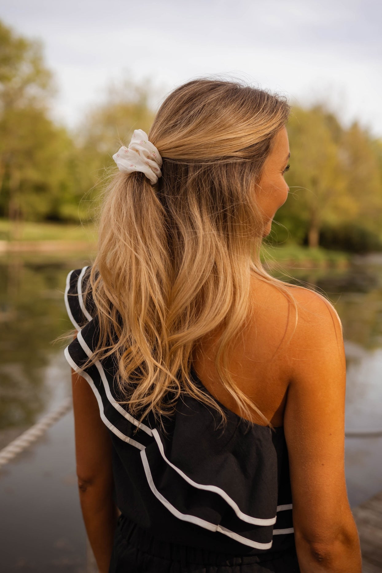 Ecru and Pink Floral Myco Scrunchie