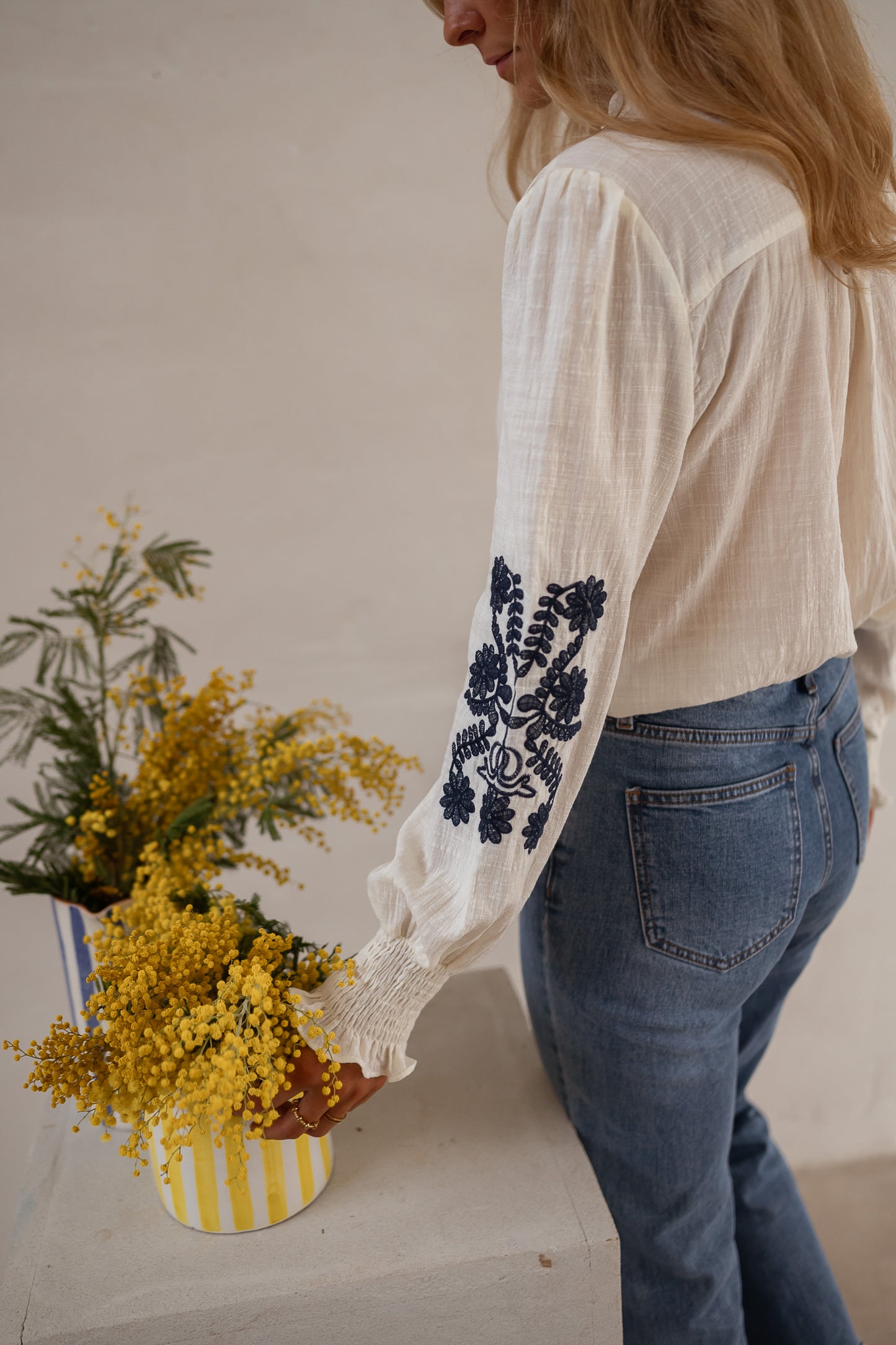 Ecru and Blue Embroidered Salome Blouse