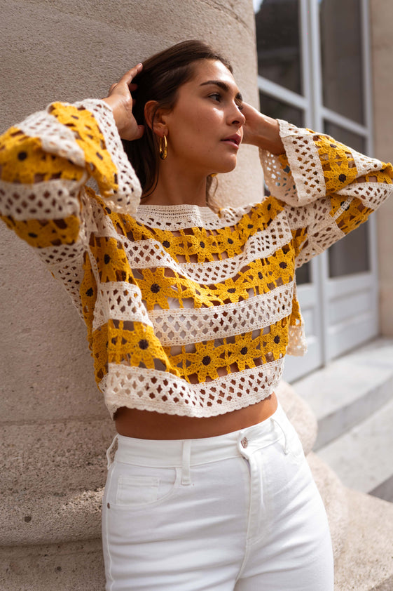 Ecru and Yellow Crochet Taylor Blouse