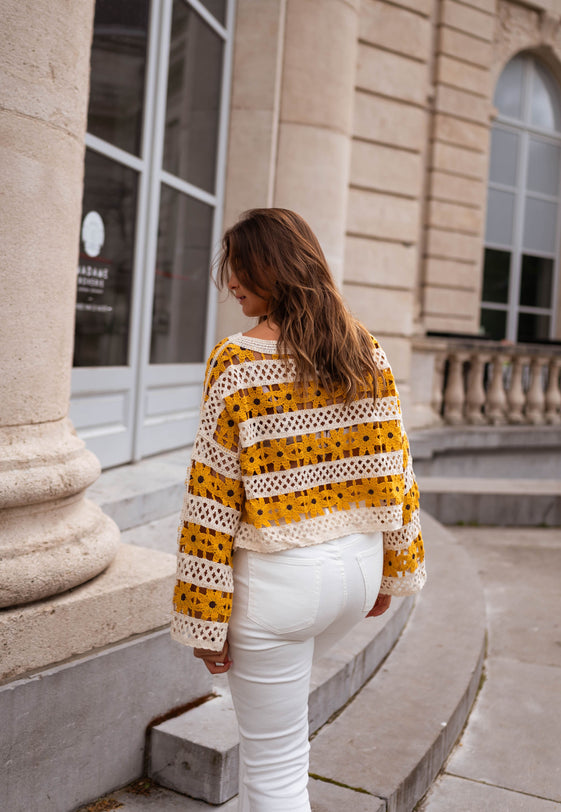 Ecru and Yellow Crochet Taylor Blouse