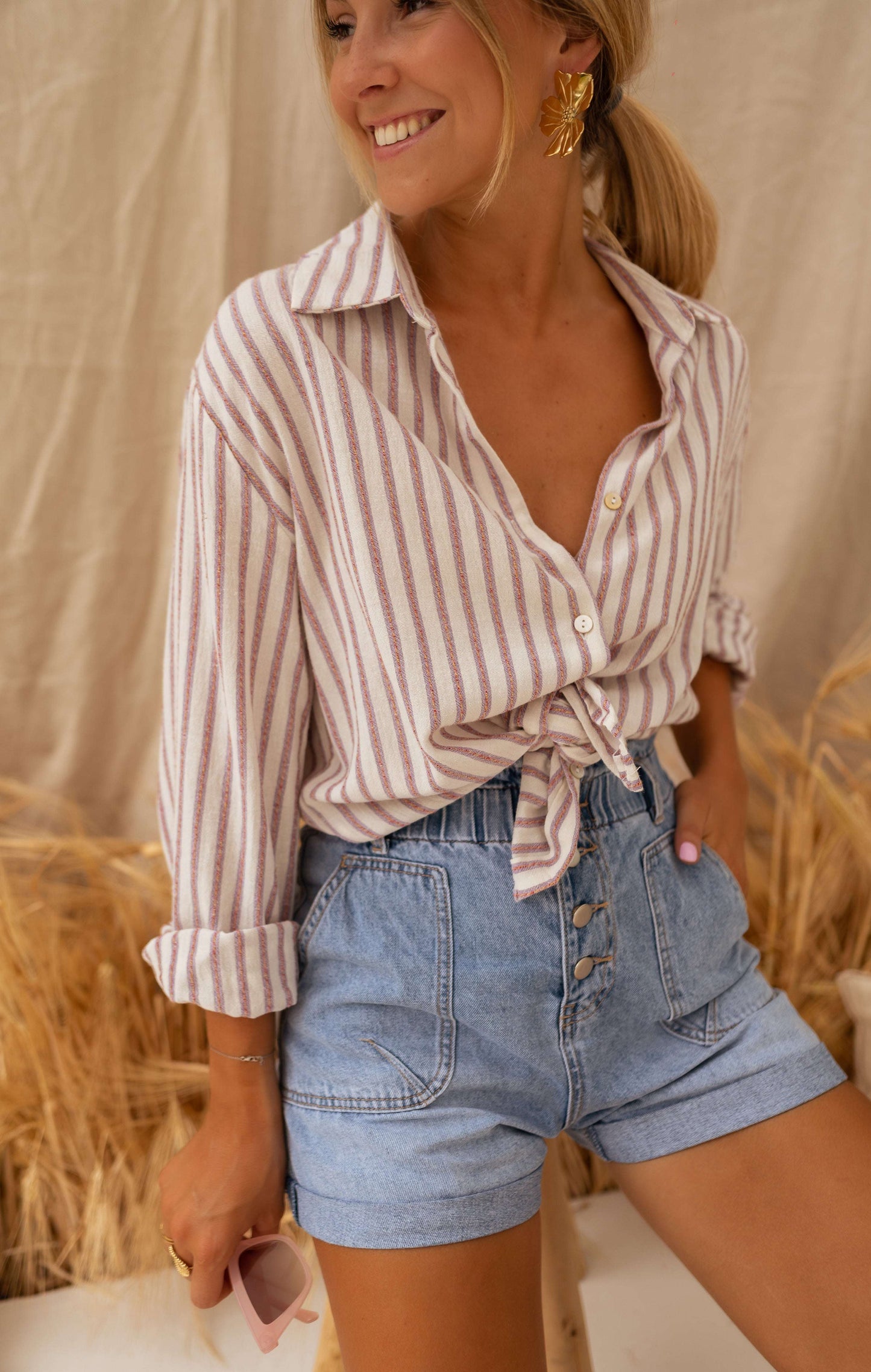 Beige and Pink Striped Linen-Effect Bertha Shirt