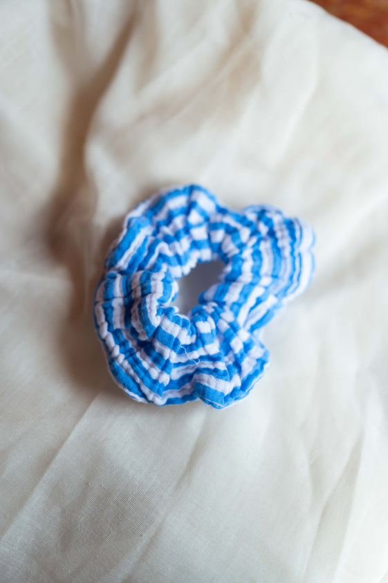 Blue and Ecru Striped Devo Scrunchy