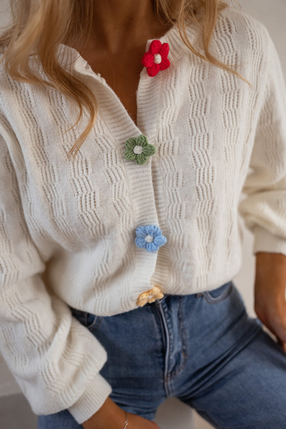 Ecru Alenzo Cardigan with Floral Buttons