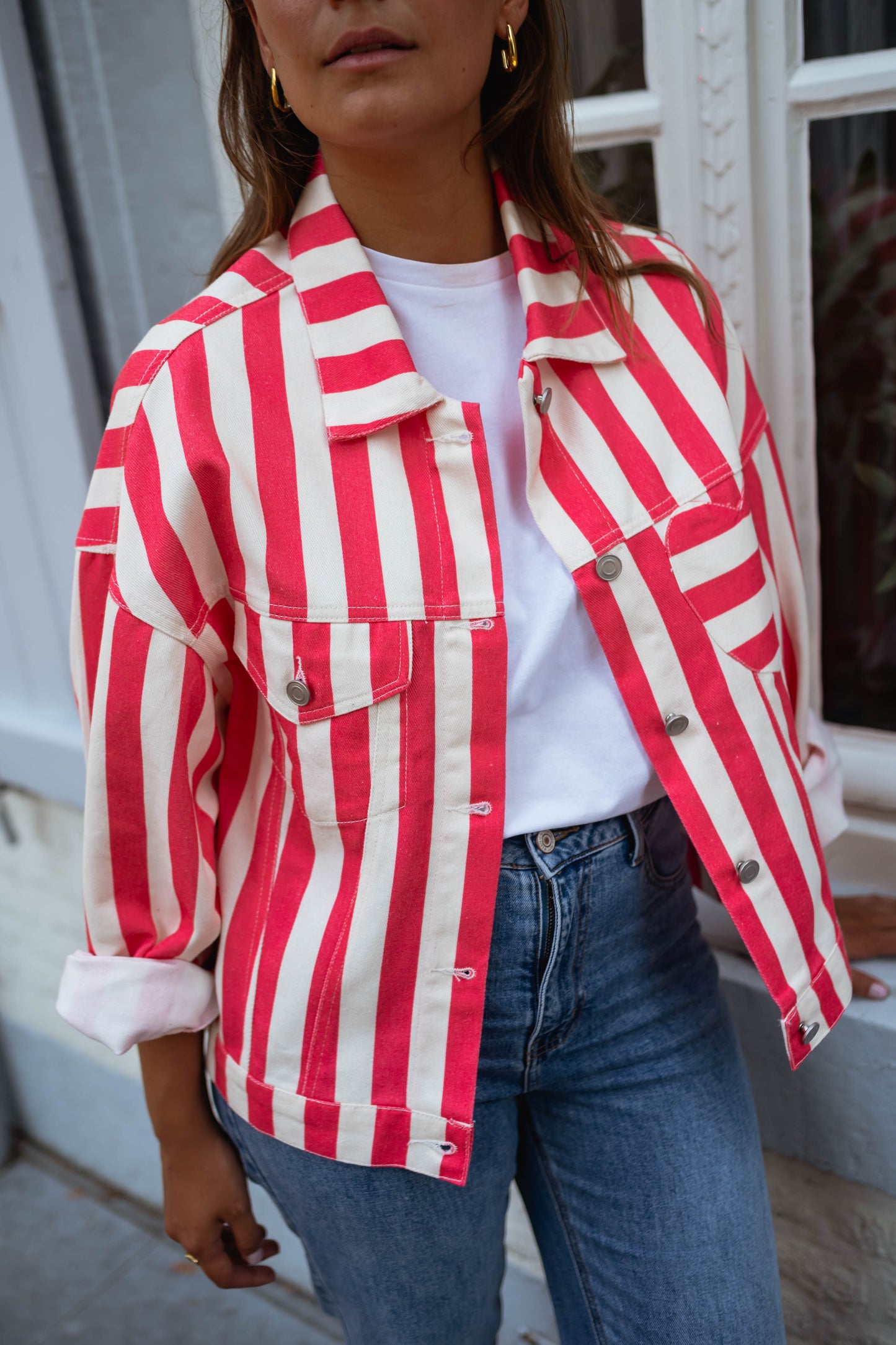 Striped Ecru and Coral Balya Jacket