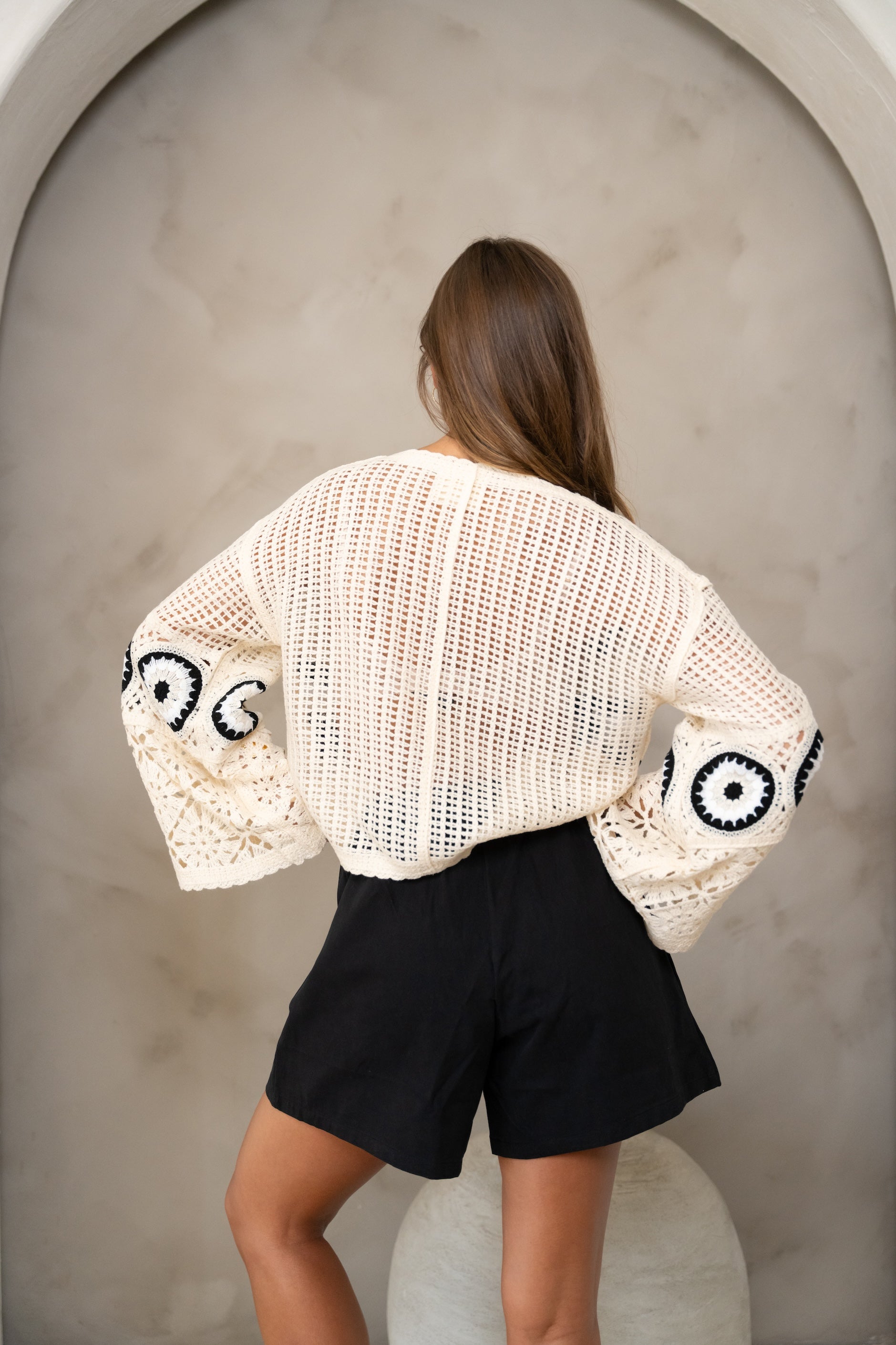 Ecru and Black Crochet Nael Blouse