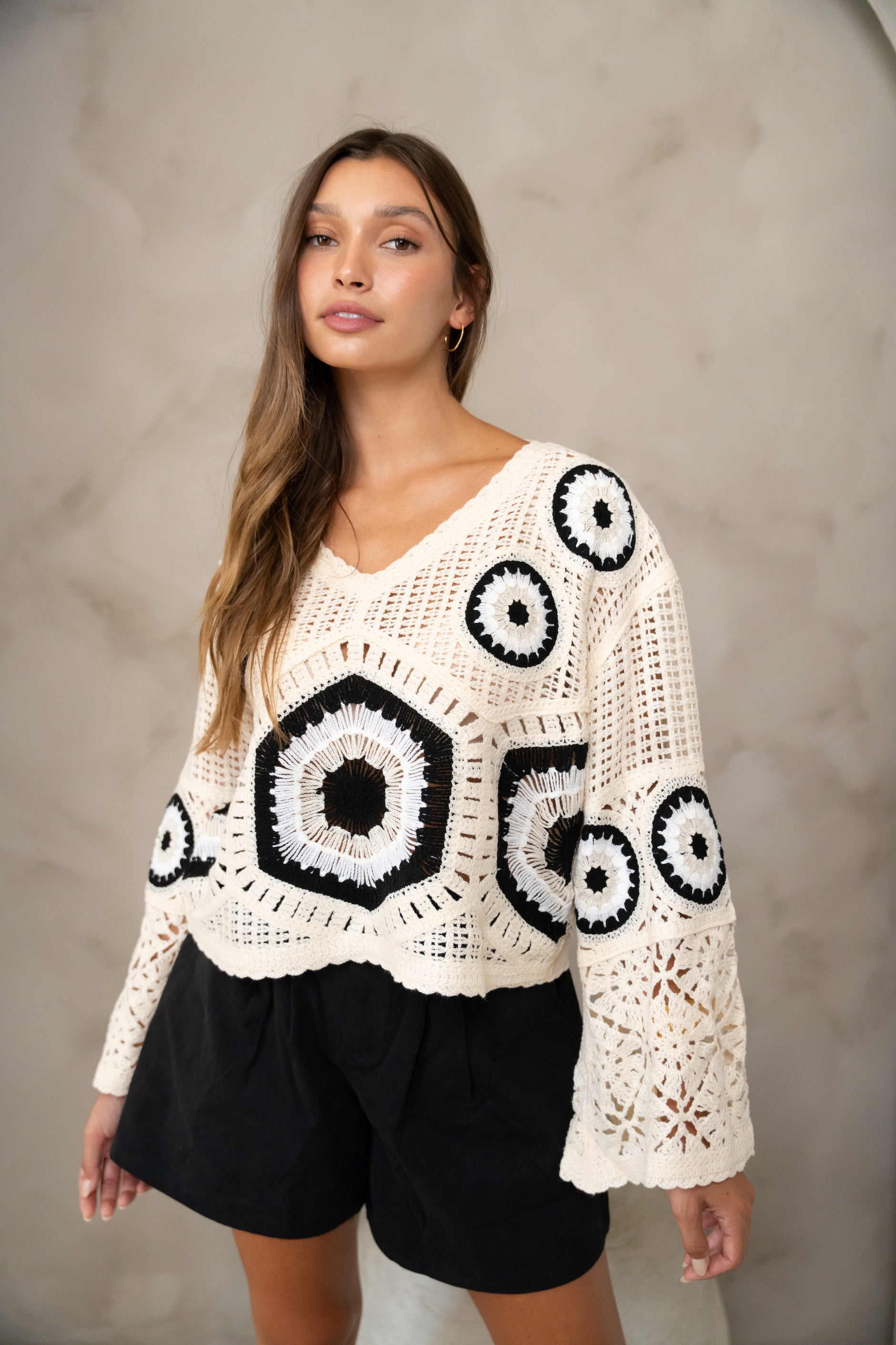 Ecru and Black Crochet Nael Blouse
