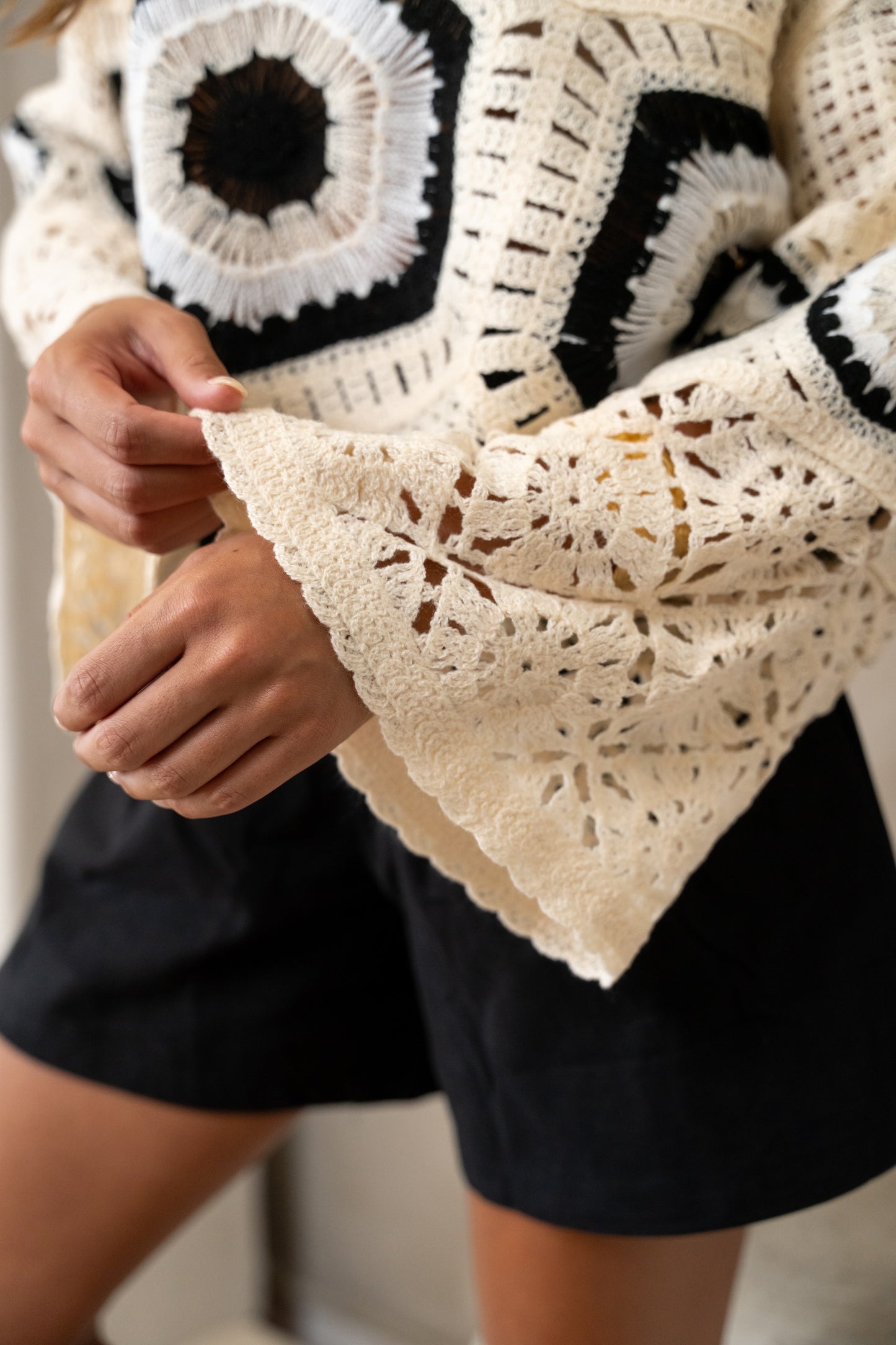 Ecru and Black Crochet Nael Blouse
