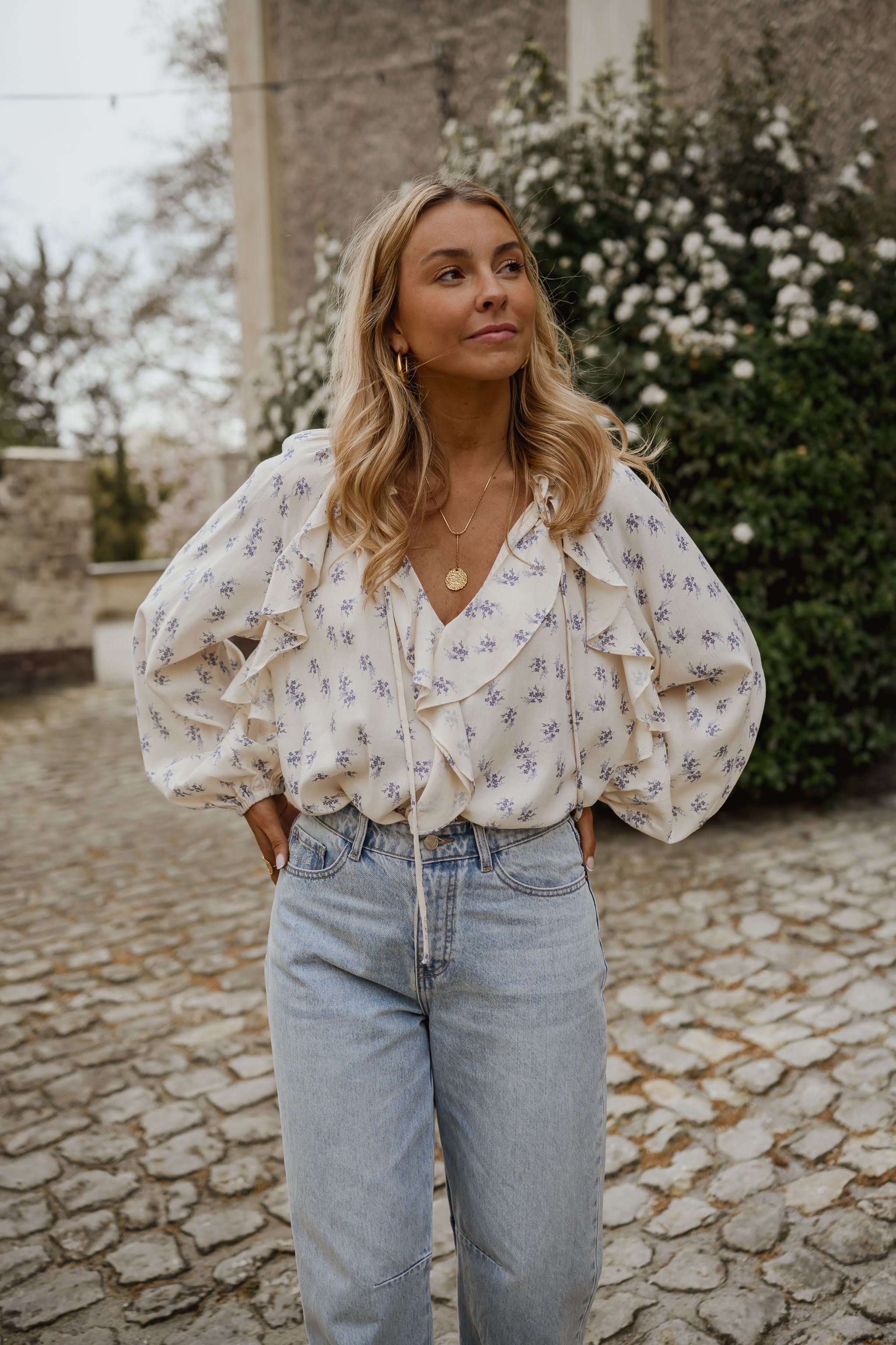 Ecru with Blue Floral Euredice Blouse