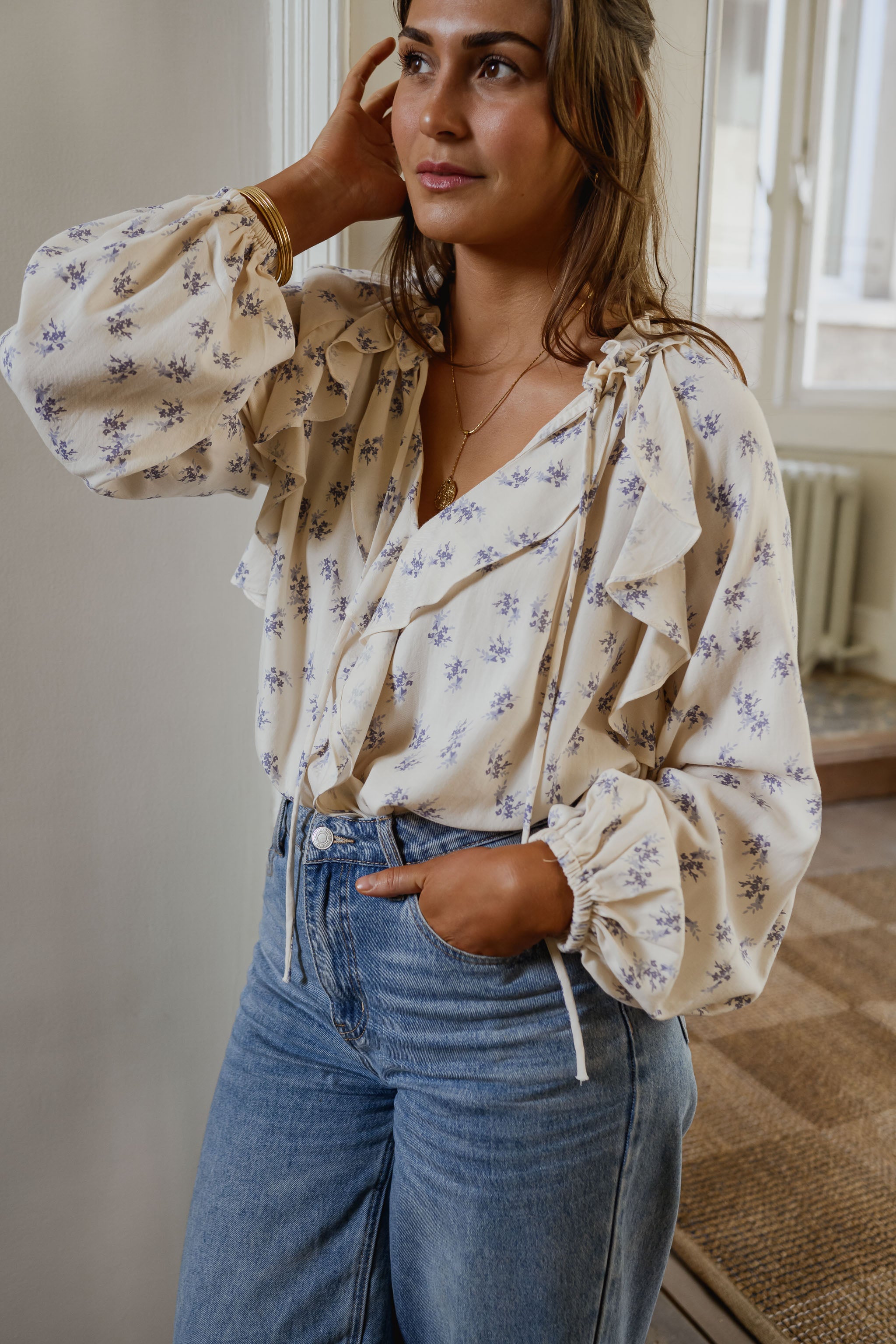 Ecru with Blue Floral Euredice Blouse