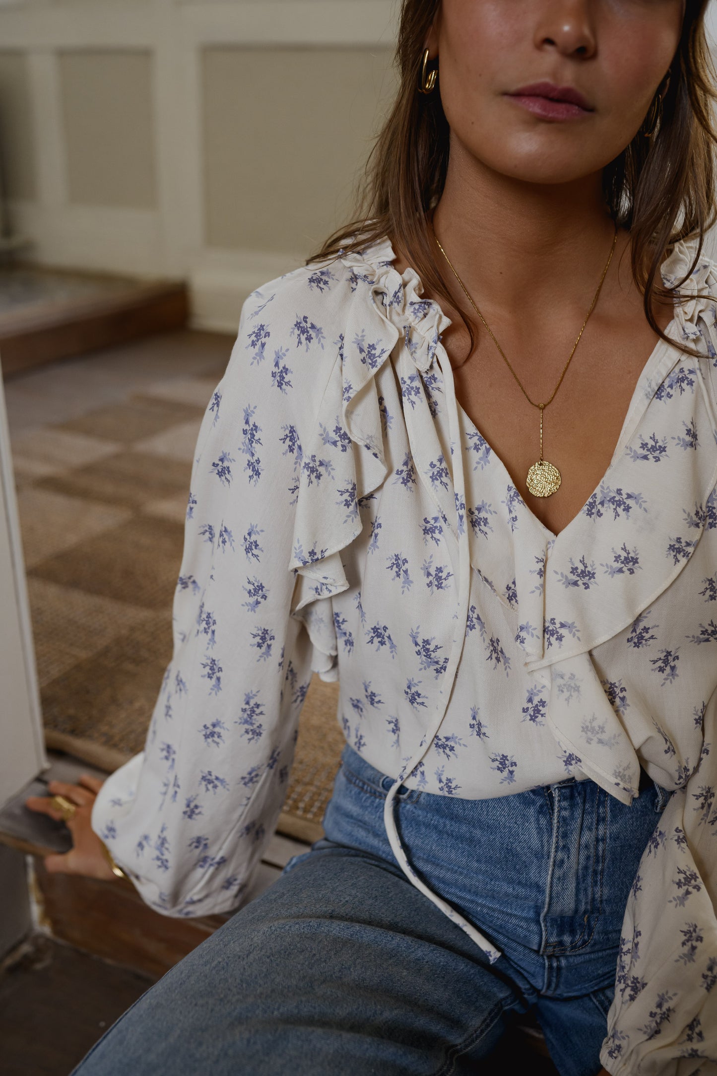 Ecru with Blue Floral Euredice Blouse