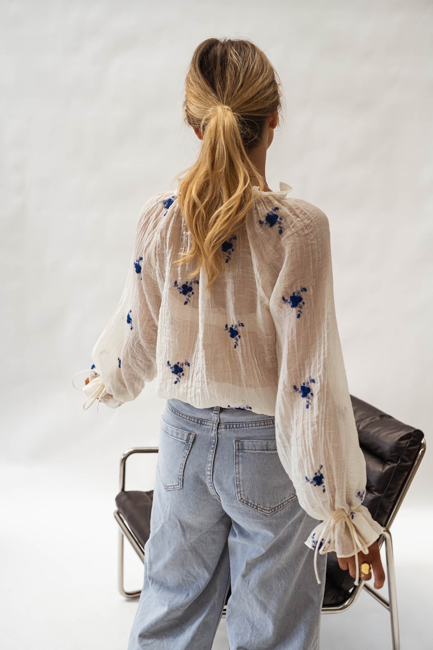 Ecru and Blue Floral Gabrielle Blouse