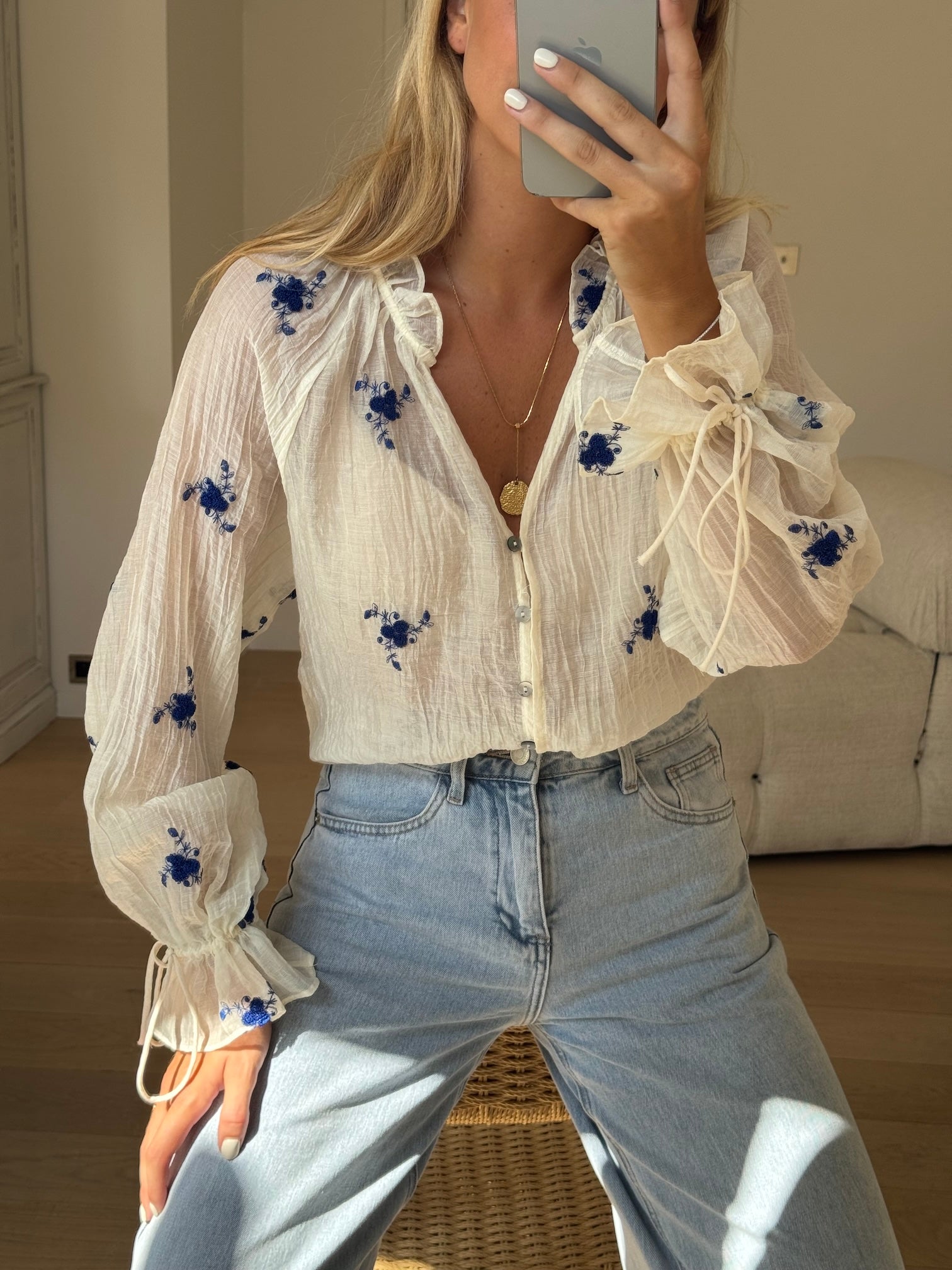 Ecru and Blue Floral Gabrielle Blouse