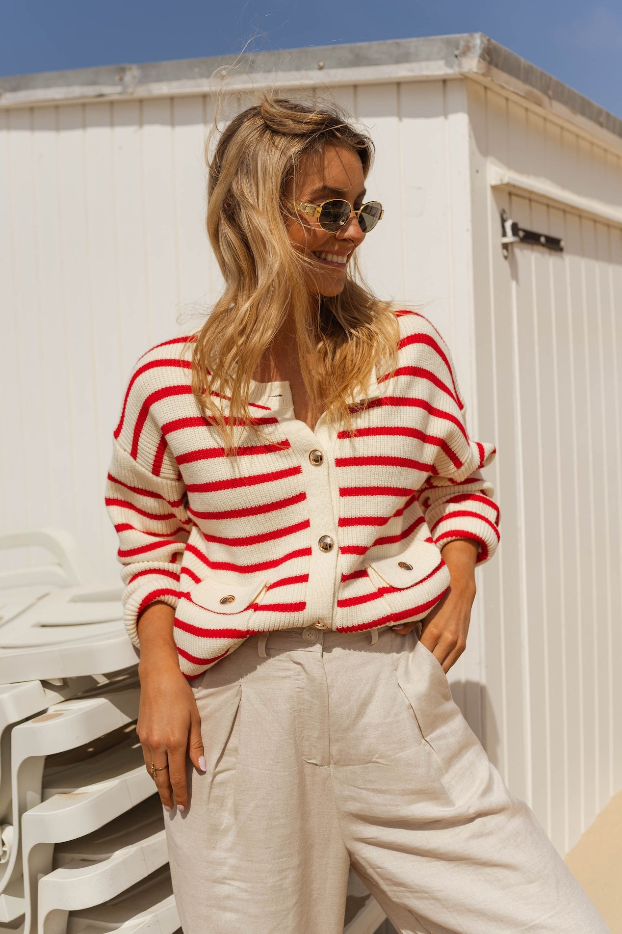 Ecru and Red Charles Cardigan