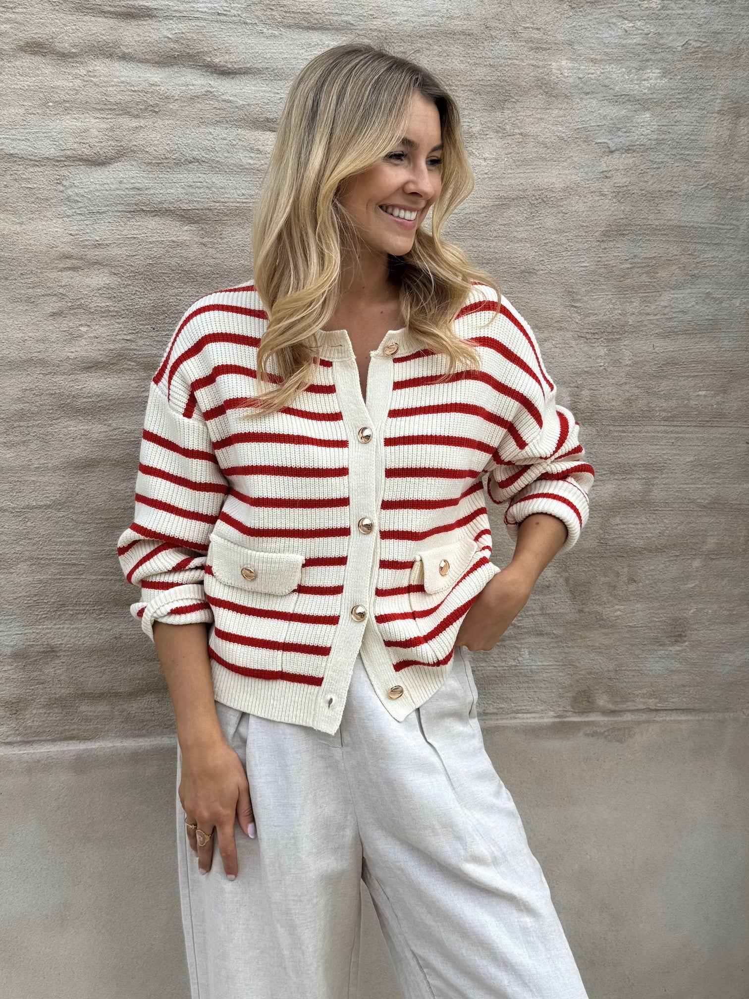 Ecru and Red Charles Cardigan