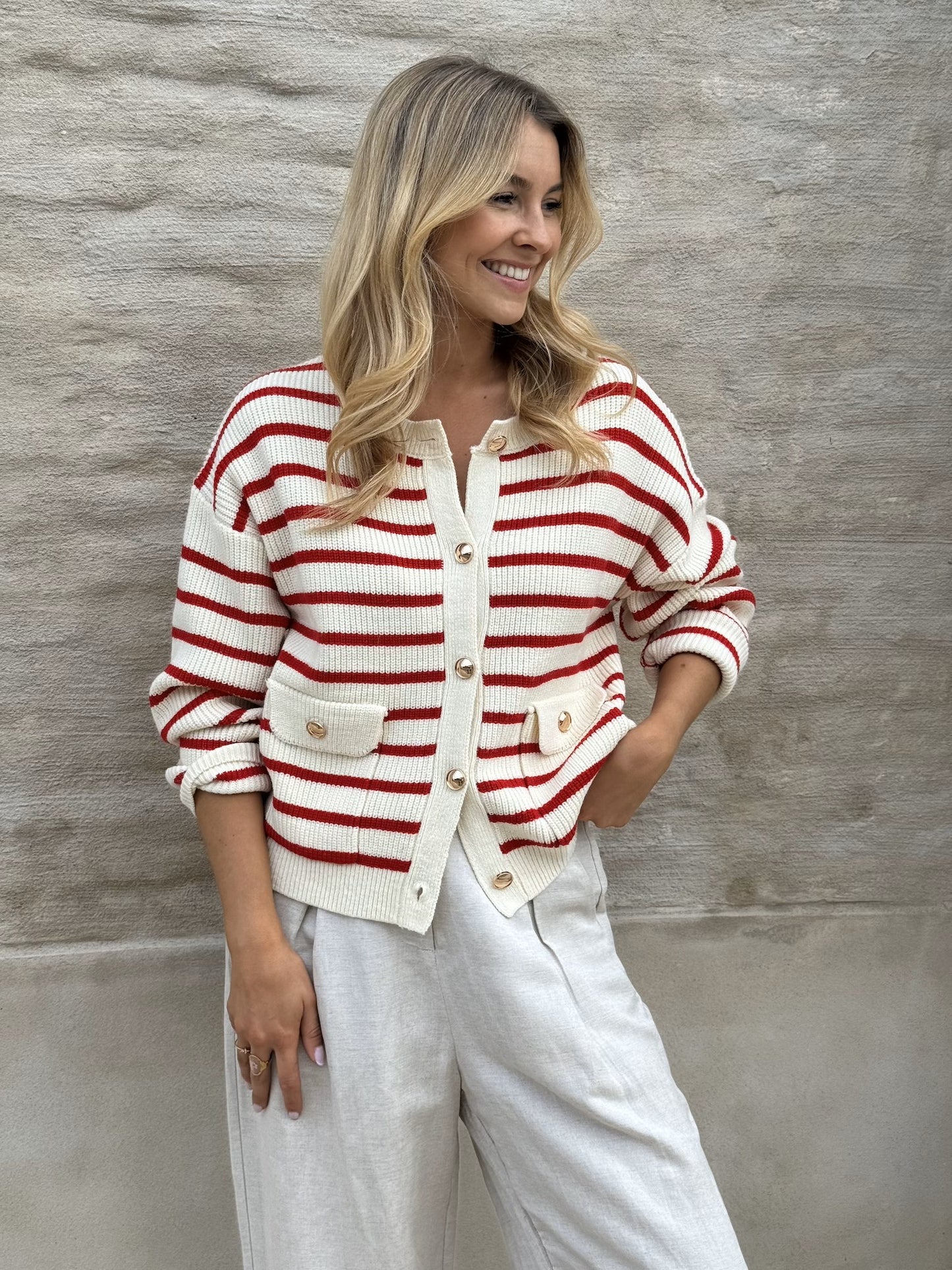 Ecru and Red Charles Cardigan