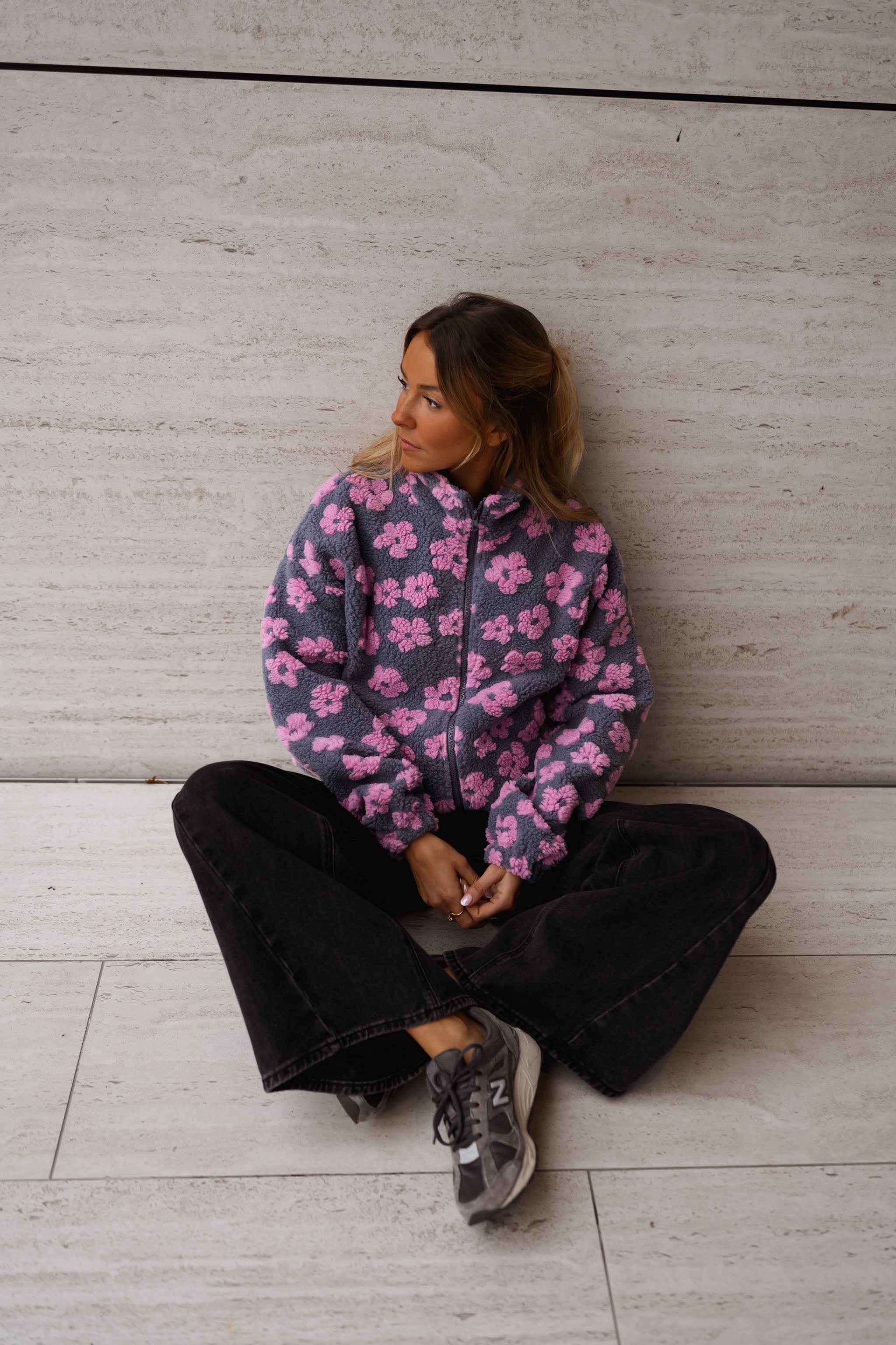 Grey with Pink Floral Tomas Fleece Jacket