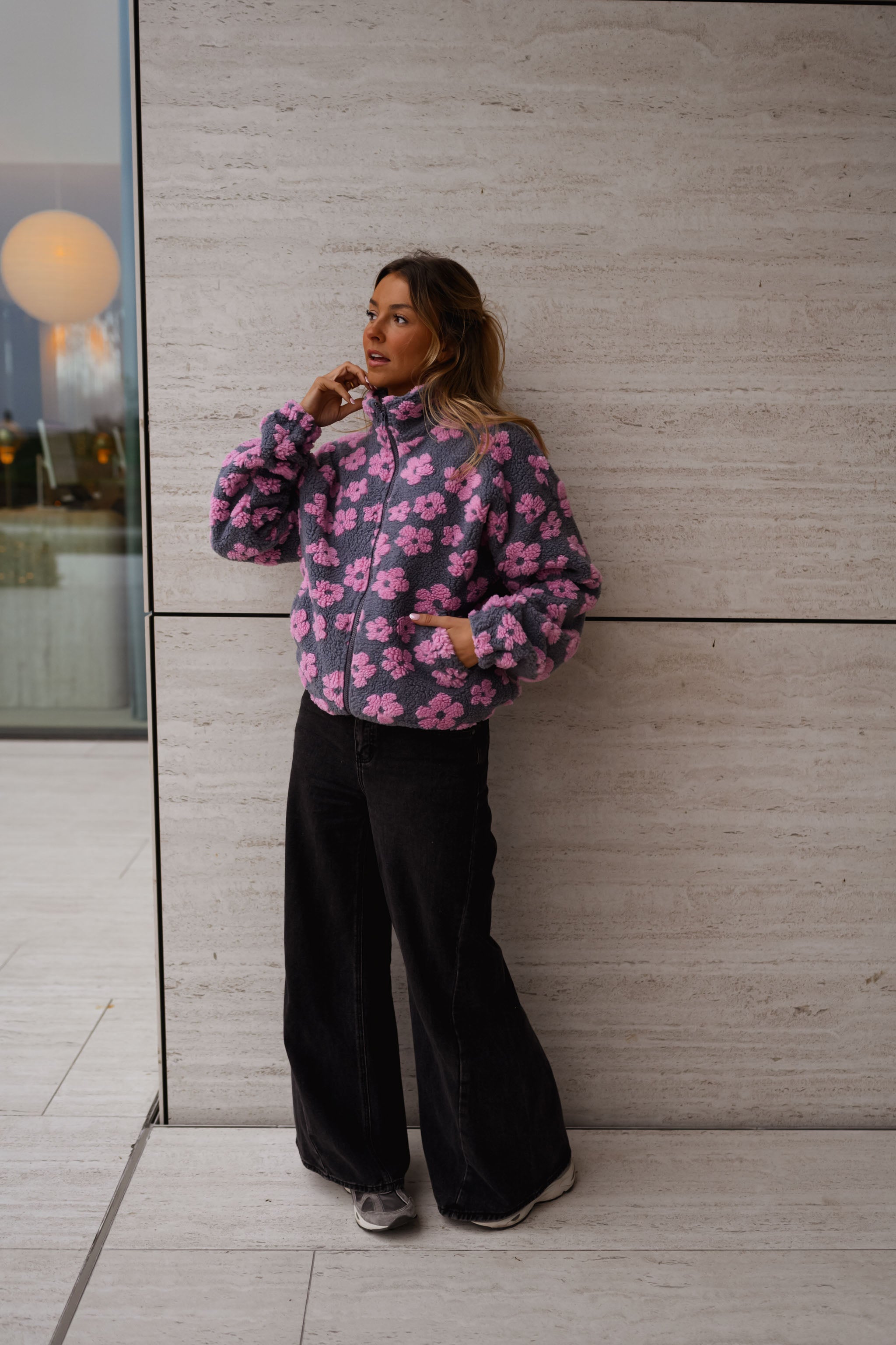 Grey with Pink Floral Tomas Fleece Jacket