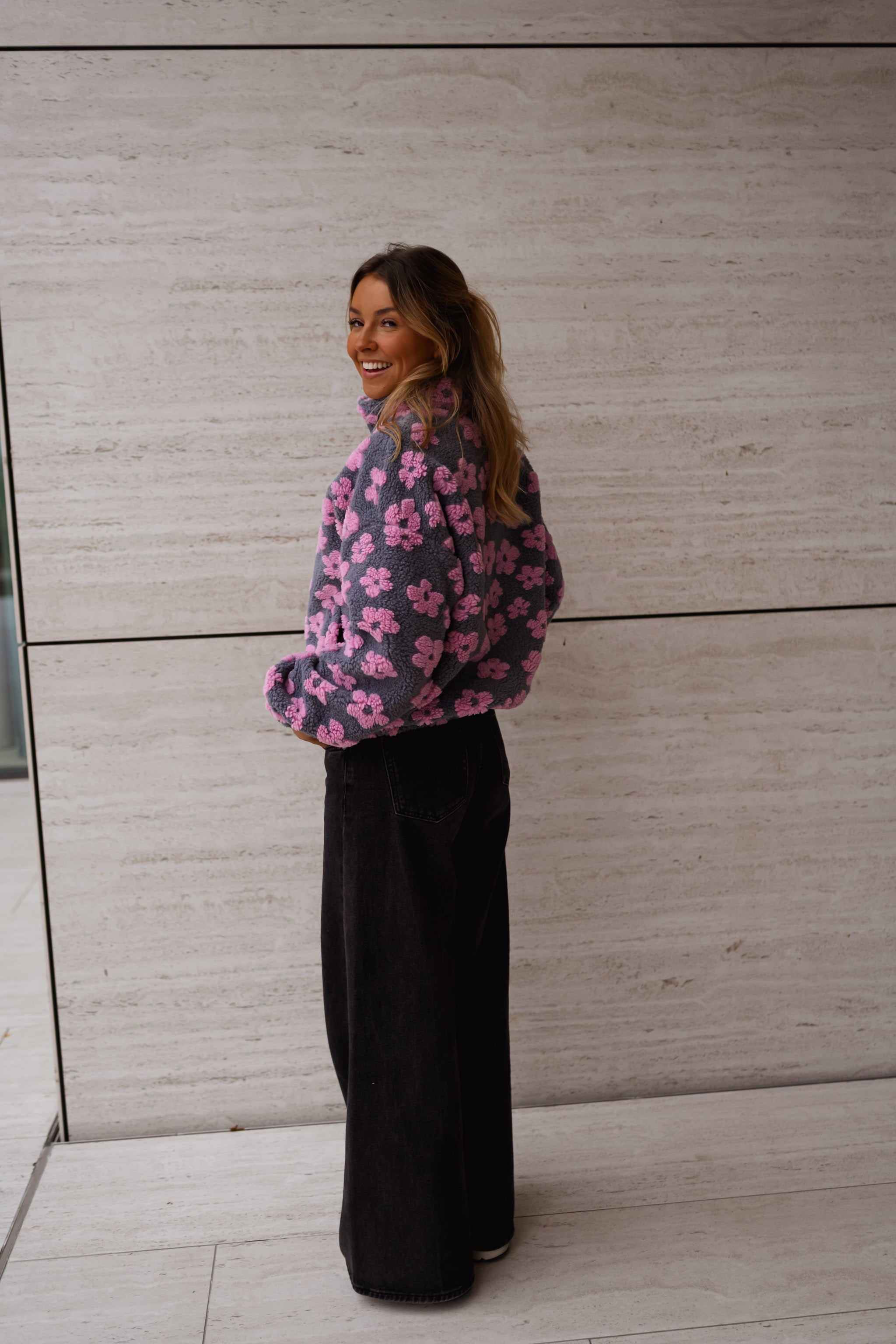 Grey with Pink Floral Tomas Fleece Jacket