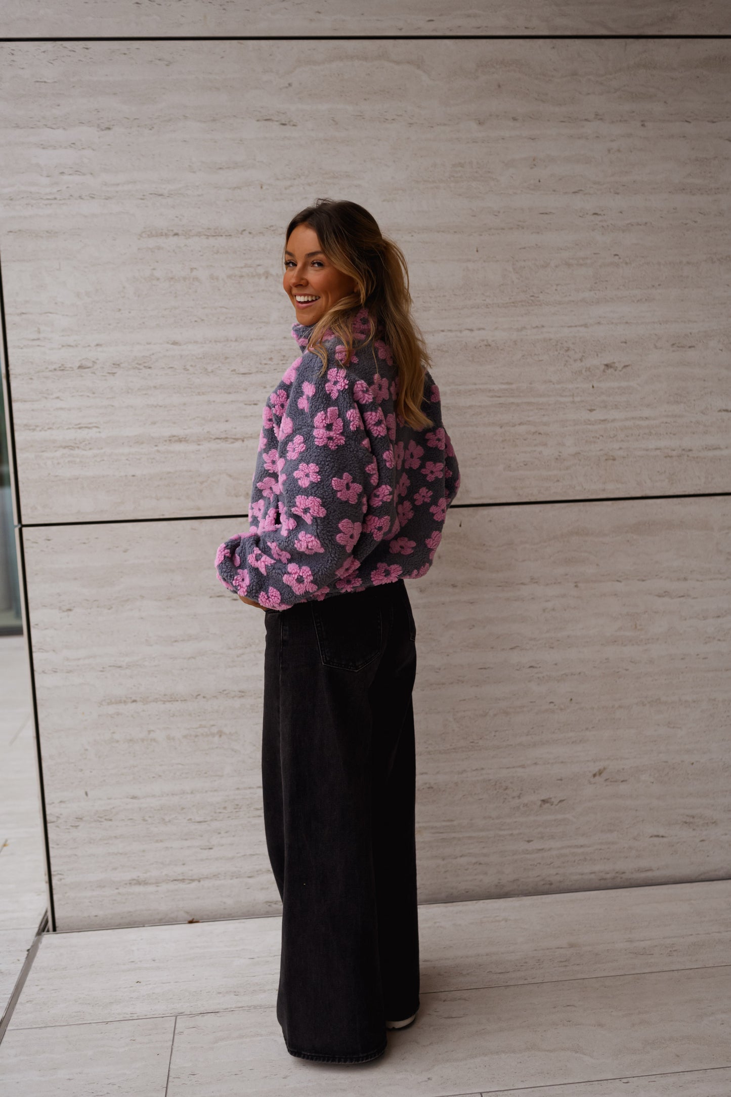 Grey with Pink Floral Tomas Fleece Jacket