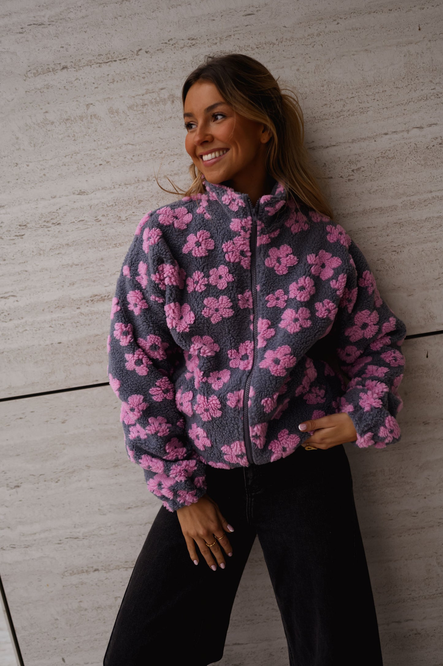 Grey with Pink Floral Tomas Fleece Jacket