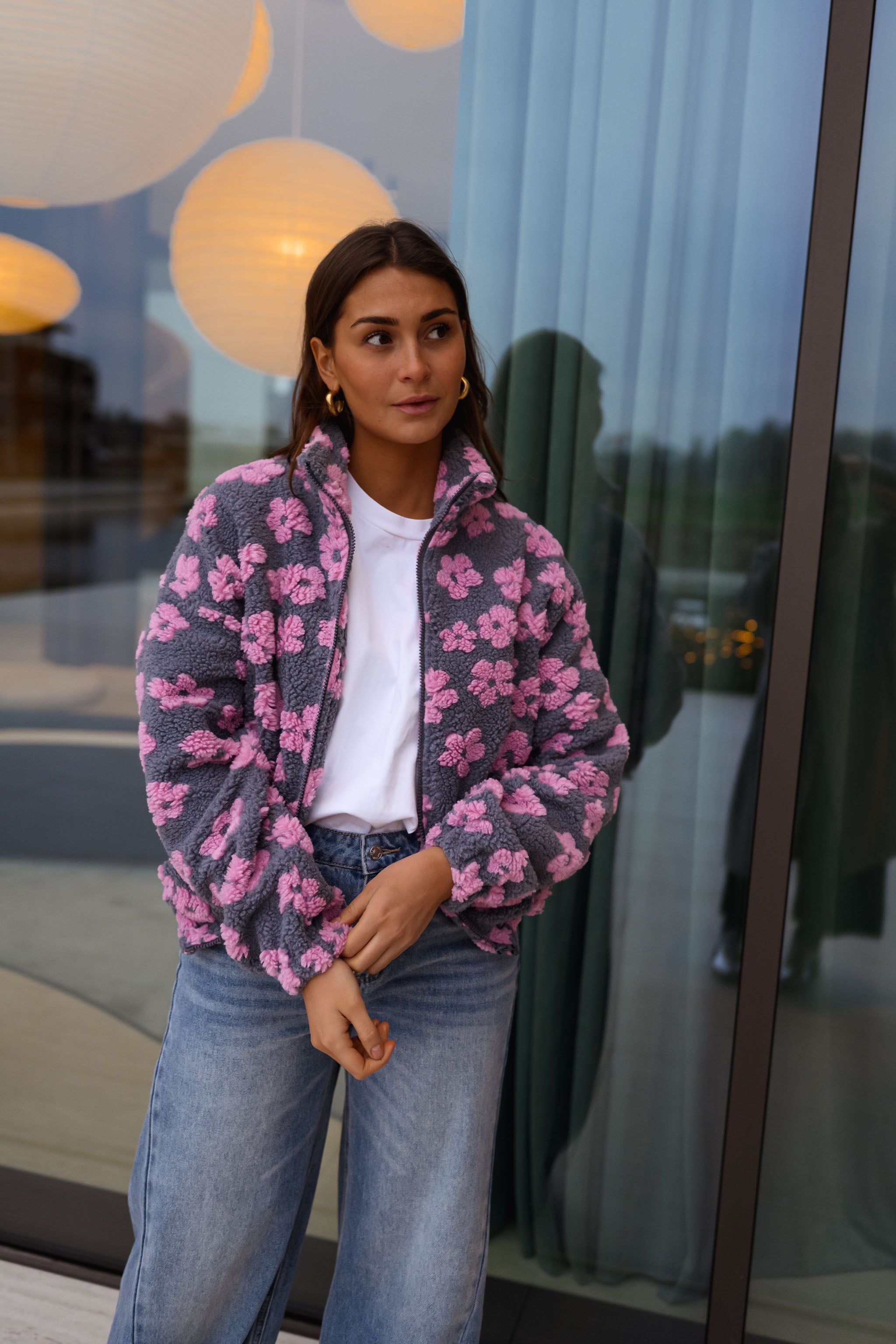 Grey with Pink Floral Tomas Fleece Jacket