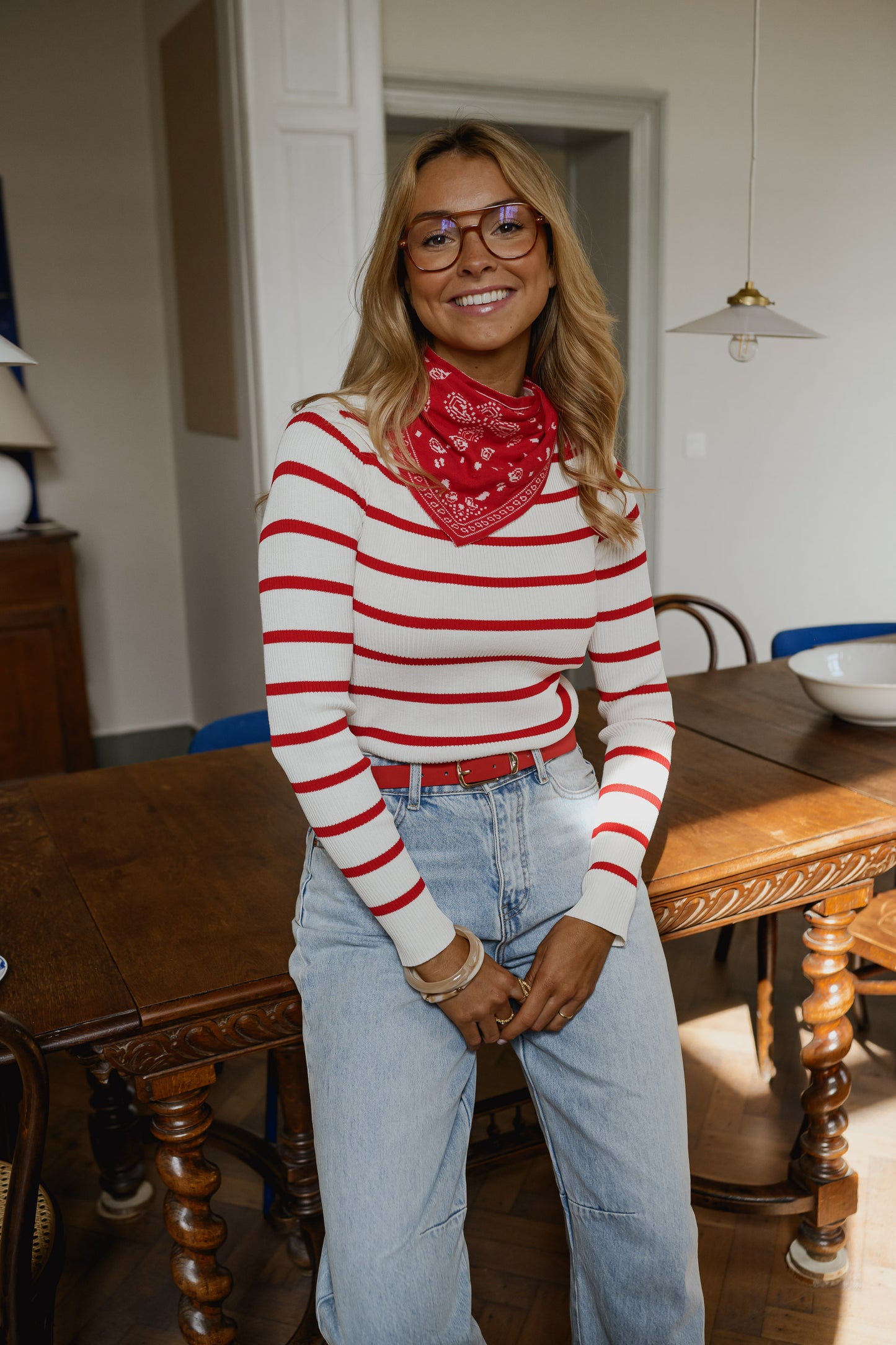 Red And Ecru Striped Janet Sweater