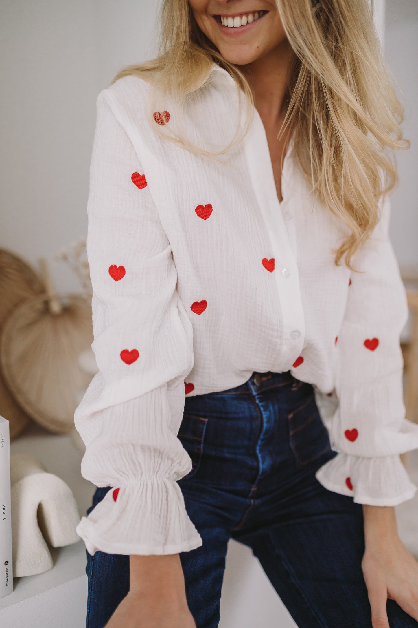 White Vicky Shirt with Red Hearts - Easy Clothes North America