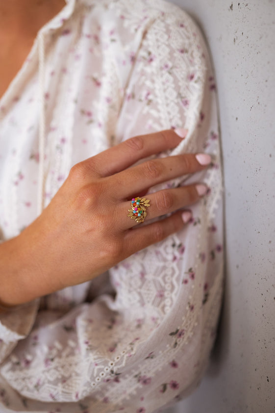 Golden Leaf Ring with Multi-Colored Pearls