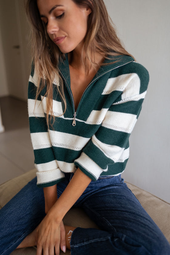 Green and Ecru Striped Laura Sweater